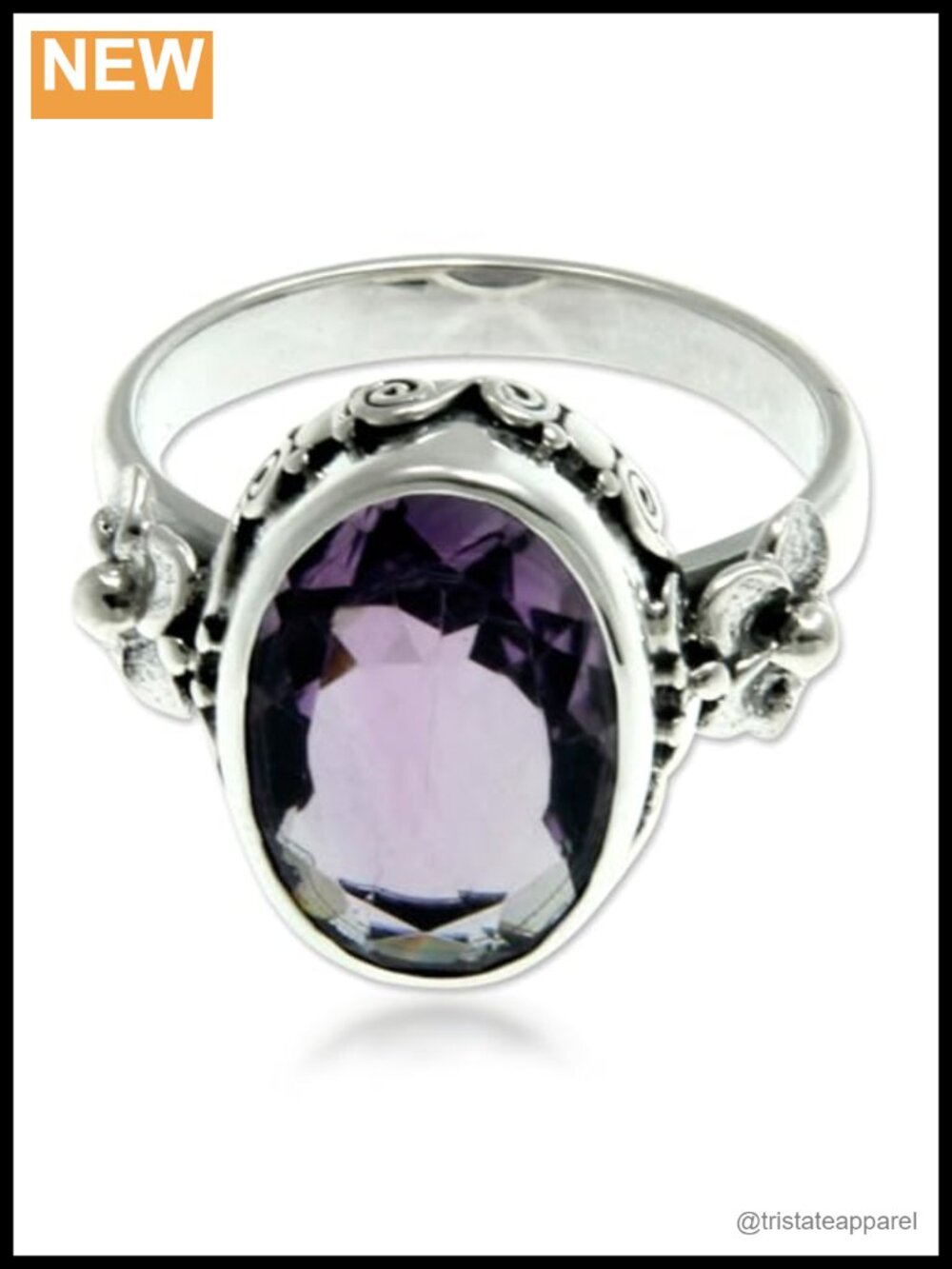 Handmade Amethyst Solitaire Ring Floral Sterling Silver Bezel Size 6.5